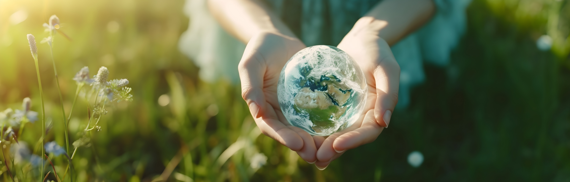 Hands holding a glass ball globe of the world in a green meadow